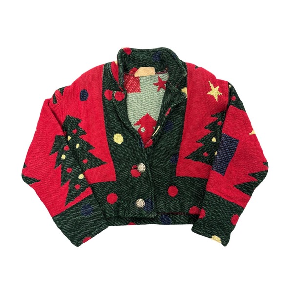Vintage Painted Pony Women Christmas Tree Ugly Sweater Jacket Cardigan Red Green